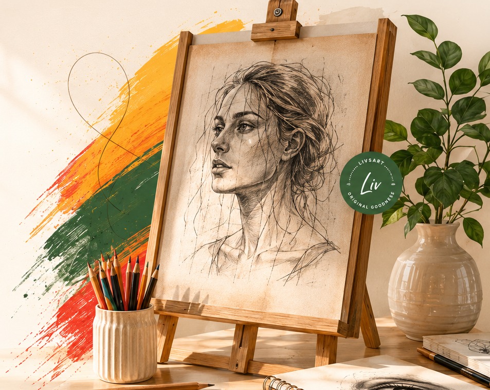 Hand drawn LivsArt portrait on an easel